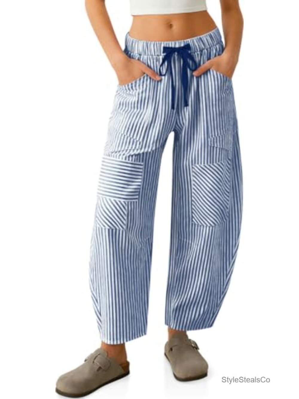 Womens Striped Linen Blend Wide Leg Barrel Pants with Pockets Y2k Patchwork